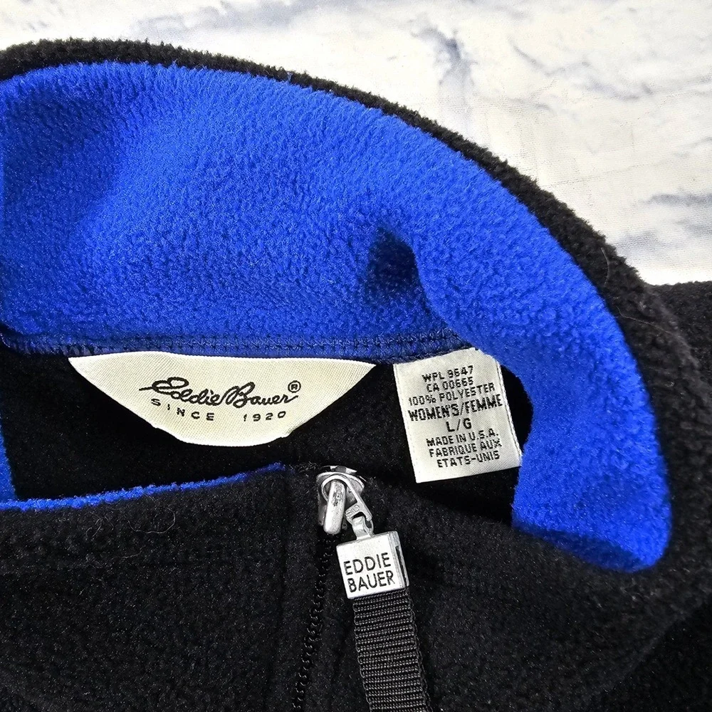 Eddie Bauer Fleece Vest Women L Black Blue Zip Sleeveless Gorpcore Warm VTG USA